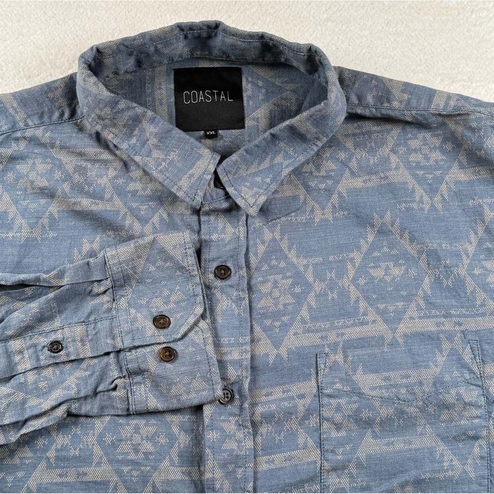 Coastal Shirt Mens 2XL‎ Blue Gray Geometric Cotton Long Sleeve Western Button Up